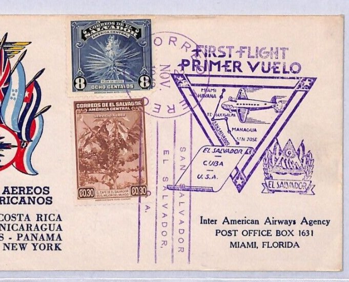 EL SALVADOR Air Mail Cover *TACA* FIRST FLIGHT USA Miami 1948 {samwells}YU65