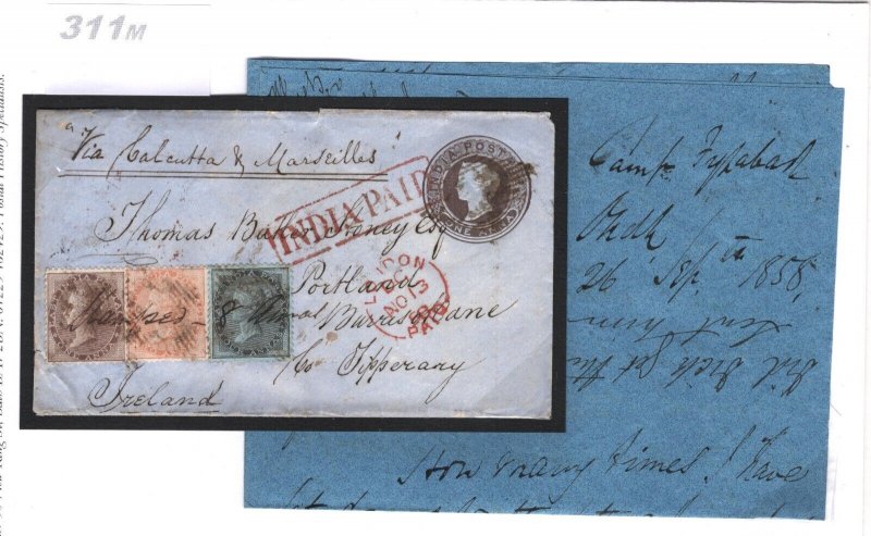 INDIA MUTINY MILITARY CAMP Letter 1858 Cover 4-COLOUR MIXED FRANKING Rare 311m