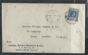 MAURITIUS COVER (P1311B) 1945  KGVI 20C PORT LOUIS  TO USA