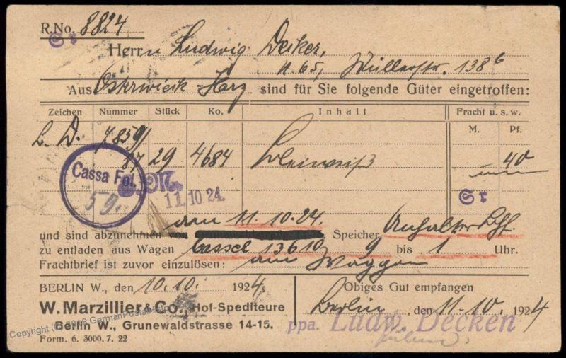 Germany 1924 Weimar Berlin Rohrpost Pneumatic Mail Cover 82921