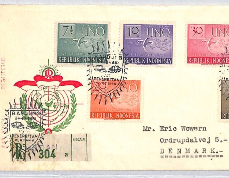 INDONESIA 1951 Cachet FDC United Nations DOVES Registered Air Mail BIRDS YE174