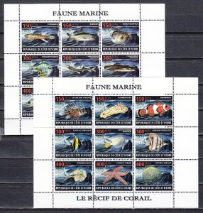 Ivory Coast. 2009 Cinderella issue. Fishes & Coral. 2 sheets of 9. ^