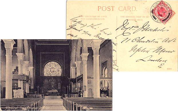Gibraltar 1d KEVII 1906 Gibraltar, 25 PPC (The Cathedral Interior) to London,...