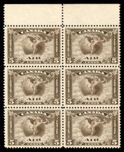 Canada #C2 Cat$540, 1930 5c dark brown, sheet margin block of six, never hing...