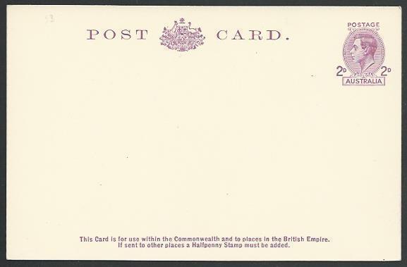 AUSTRALIA GVI 2d postcard fine unused......................................12465