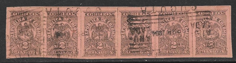 COLOMBIA 1902 2c Black on Rose ARMS Issue Strip of 6 Sc 266 Used