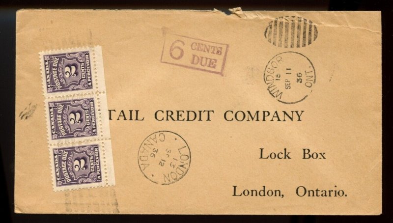 ?Un-paid Windsor, Ont. 6 cents due 1936 with 3x2c postage due tied cover Canada