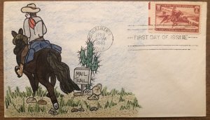 1940 Pony Express Anniversary 3c FDC  Hand Drawn Painted Cachet