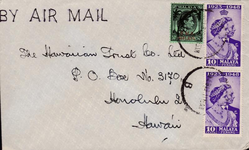 Malaysia 1949 Malaya Penang 10c Silver Wedding Air Mail Cover to Honolulu, Hi.