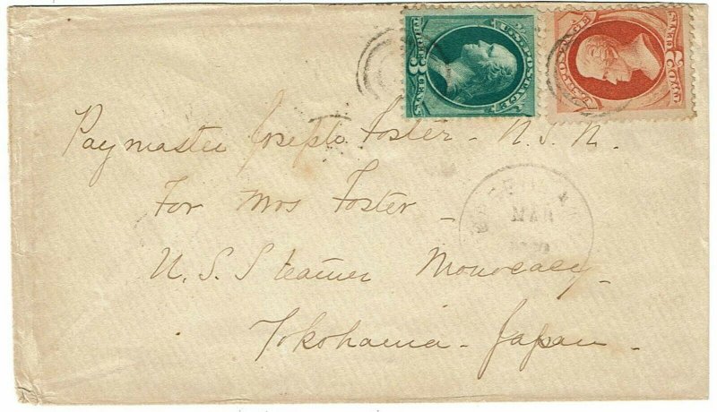 1881 Greenwich, CT cancel on cover to JAPAN, 3c, 2c Banknotes