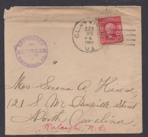 **US 20th Century Cover, Scott # 319, Type I, Clayville, VA 9/23/1907