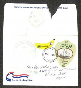 TONGA SCOTT #201 & 298 STAMPS TO USA MONTEREY SHIP TIN CAN CANOE MAIL COVER 1977