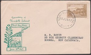 NORFOLK IS 1947 Ball Bay 2/- on FDC to New Caledonia........................X202