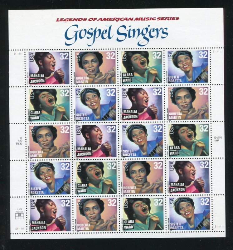 3216 - 3219 Gospel Singers Sheet of 20 32¢ Stamps MNH