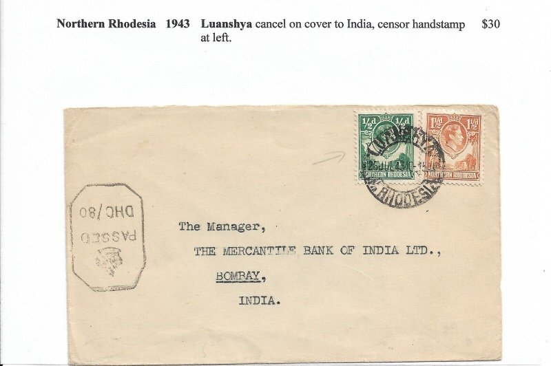 Luanshya, Northern Rhodesia to Bombay, India 1943 Censored (C4721) 