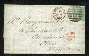 GREAT BRITAIN SCOTT #48 LONDON 1866 COVER TO OHIO POSTAGE DUE 21 CENTS RED PAID