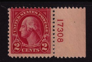 1923 Washington 2c carmine Sc 554 MNH right plate number single CV $15 (R20