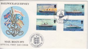 Guernsey 1973 Mailboats 11,  set , on FDC 'Interpex Cachet'