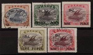 PAPUA 1931 Surcharge 2d on 1½d, 1/3 on 5/-, 9d on 2/6 both, & 6d on 1/-.