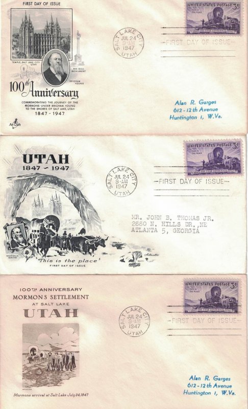 #950 FDC, 3c Utah Centennial, 3 diff. cachets