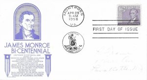 1958 FDC, #1105, 3c James Monroe, Anderson