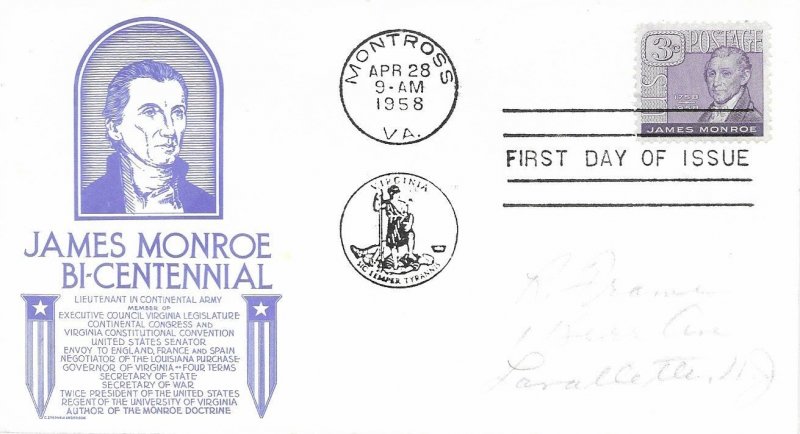 1958 FDC, #1105, 3c James Monroe, Anderson