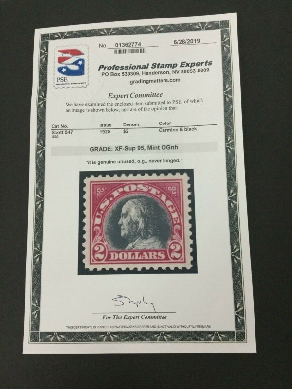 MOMEN: US STAMPS #547 MINT OG NH PSE CERT GRADED XF-SUP 95