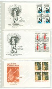 United Nations-Geneva 99-100/101 1981 Disabled, art FDCs, artmaster cachets; 3 different blocks of 4 FDCs, U/A