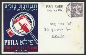 PALESTINE 1945 PHILATELIC EXHIBITION ADVERTISING POST CARD IN TEL AVIV IN HEBREW