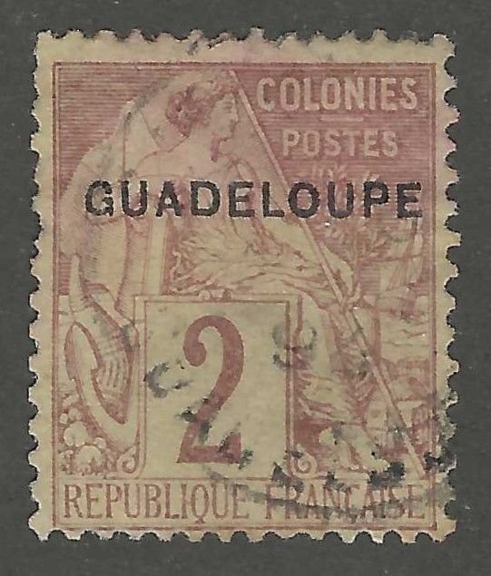 Guadeloupe, stamp, Scott#15,  used, hinged, 2c,  black,  brown