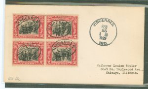 US 651 1929 2c George Rogers Clark/battle of Vincennes (block of four) on an uncacheted addressed first day cover with a Vincenn
