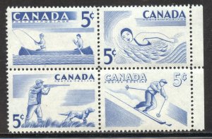 Canada Scott 368a MNHDG Block of 4 - 1957 Outdoor Recreation Issue - SCV $1.60
