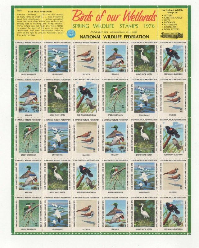 USA National Wildlife Federation Spring Stamps 1976 Wetlands Sheet of 30 MNH