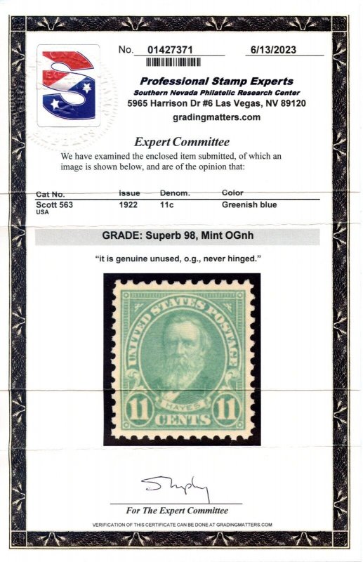 US SCOTT #563 MINT-SUPERB-OG-NH GRADED 98 W/ PSE CERT SMQ $300 (9/20/23 GP)