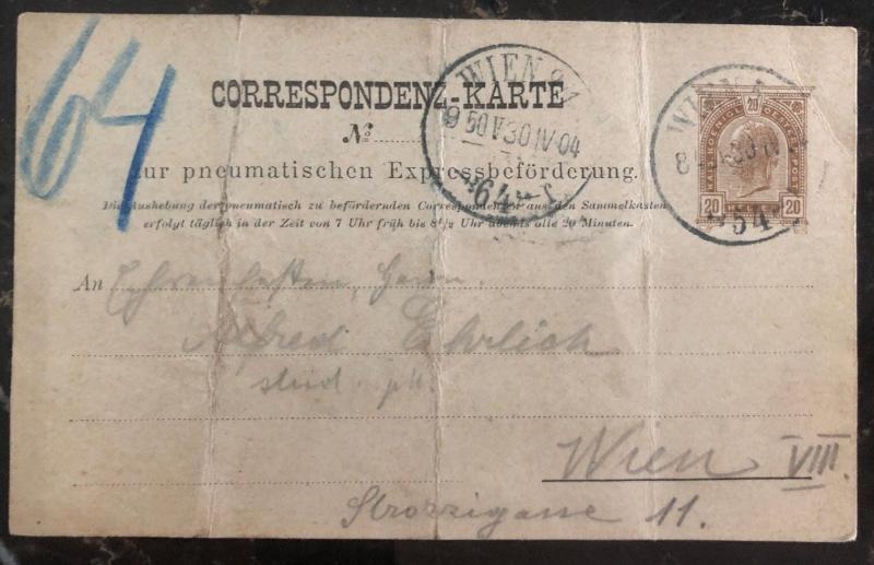 1904 Vienna Austria Pneumatic Mail Postal Stationary Postcard Cover Domestic