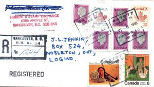 1985 COMMERCIAL MAIL COVER CANADA INTERNAL REGISTERED RATE AT LEAST 8 MARKINGS