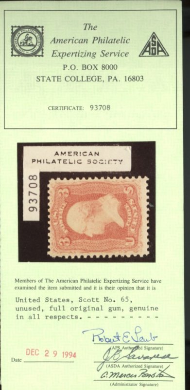 U.S. #65 MINT WITH APS CERT OG NH