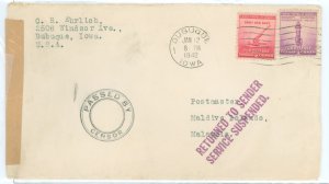 US  1942 US to Maldive Islands, returned to sender. WWII censored cover, service suspended. 1942 Jan 12, Dubuque IA to Maldive I