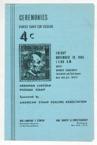 1965 ABRAHAM LINCOLN 1282 FIRST DAY ISSUE FOLDOUT BLUE CEREMONY PROGRAM