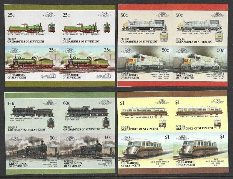 St. Vincent Grenadines - BEQUIA Train #11/27 IMPERF Proof BLOCKS 4 diff. F/VF-NH-