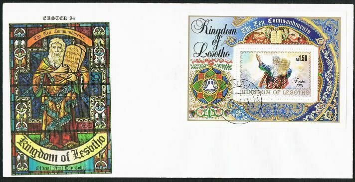 Lesotho 437 ae,438 two FDC. Michel 458-462,Bl.20. Easter 1984. Ten Commandments.