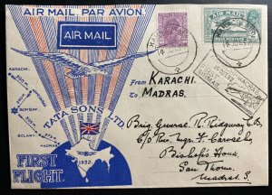 1932 Karachi India First Flight Airmail cover FFC To Madras Tata Airways