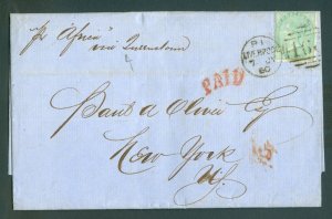 SG 73 1/- pale green. Good used on entire to New York, 7th July 1860. In clean..