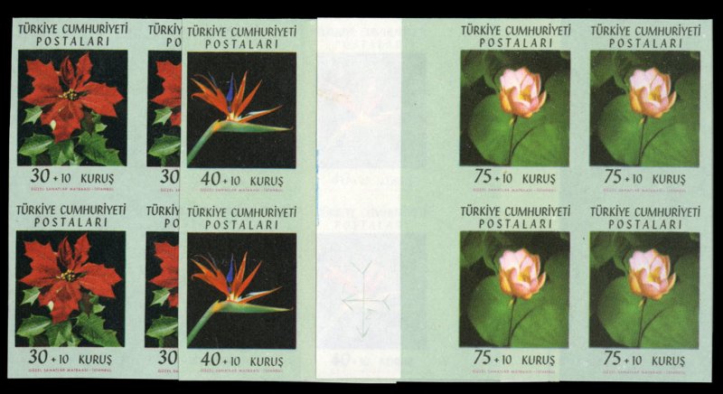 Turkey #B90-92, 1962 Flowers, imperf. blocks of four in slightly altered colo...