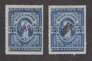 Salvador Sc 35,36 MLH. 1889 5c roulette with 1889 handstamp in violet & black