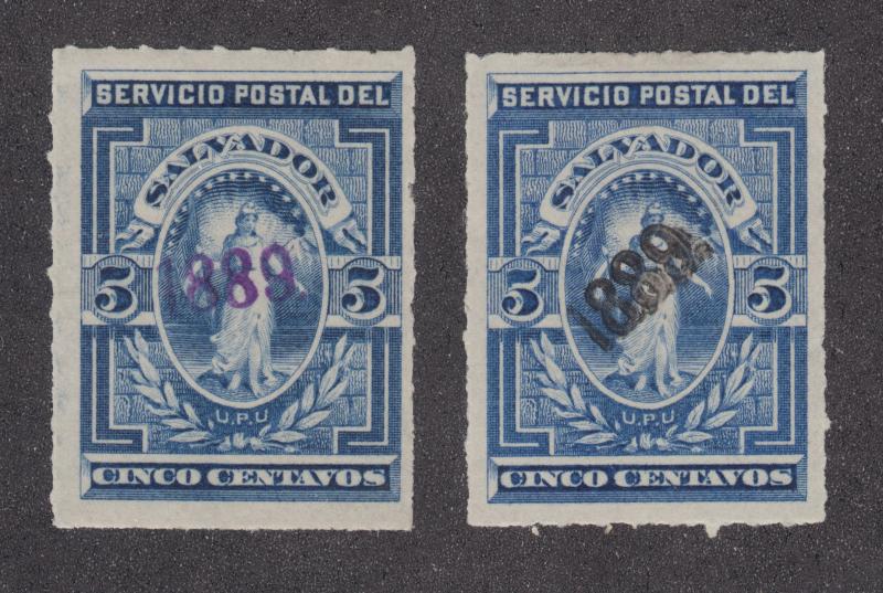 Salvador Sc 35,36 MLH. 1889 5c roulette with 1889 handstamp in violet & black