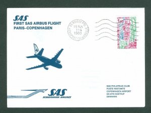 France. Denmark. First Flight Cover 1980. SAS  Airbus. Paris - Copenhag.