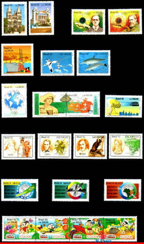 BRAZIL 1992 ALL STAMPS ISSUED, FULL YEAR, SCOTT 2347 ~ 2397 SV $ 36.30, ALL MNH