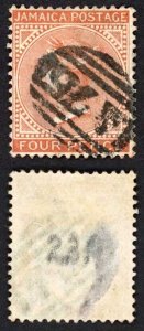 Jamaica SG22b 4d Red-brown (THIN) Wmk CA Savanna-La-Mar A75 Pmk