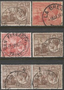 TRINIDAD & TOBAGO 1922 KGV, Six VF Used stamps Town Cancels / Postmarks